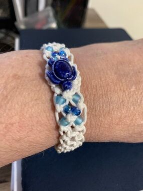 Handmade White Macrame Bracelet with Blue Turtle Bead